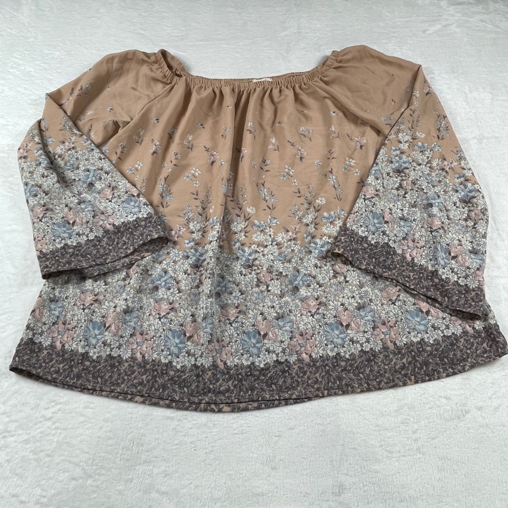 ODDI Women Tan Floral Off Shoulder Peasant Blouse Bell Sleeve Top L T50882C
